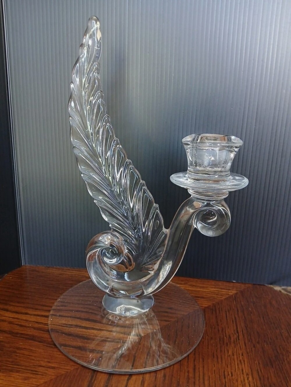 Vtg Fostoria Glass Single Plume Candlestick 9.5" Feather Design Art Deco Holiday